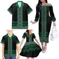Maori Taniko Patterns Family Matching Off The Shoulder Long Sleeve Dress and Hawaiian Shirt Pounamu Niho Taniwha Mix Paatiki Motifs
