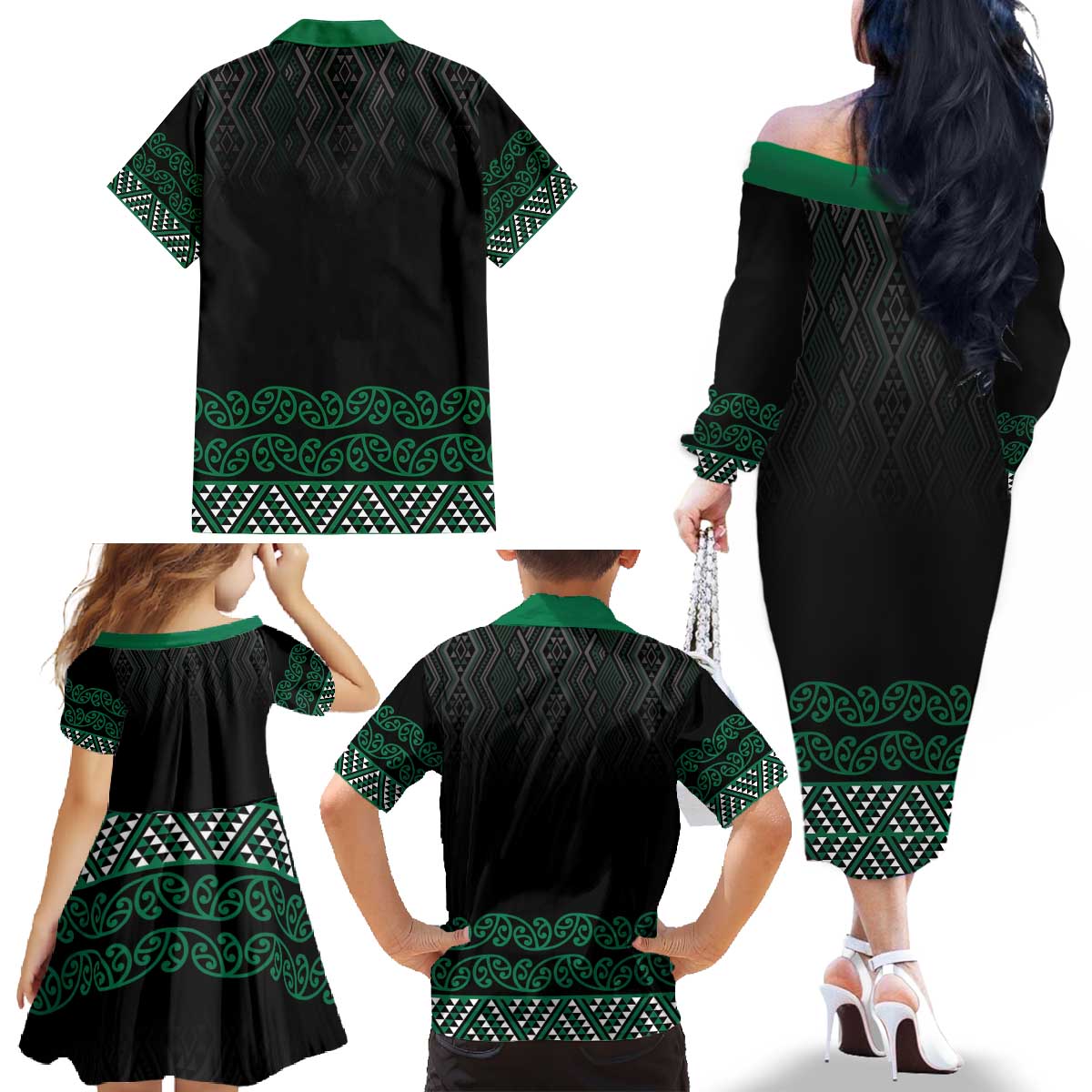 Maori Taniko Patterns Family Matching Off The Shoulder Long Sleeve Dress and Hawaiian Shirt Pounamu Niho Taniwha Mix Paatiki Motifs
