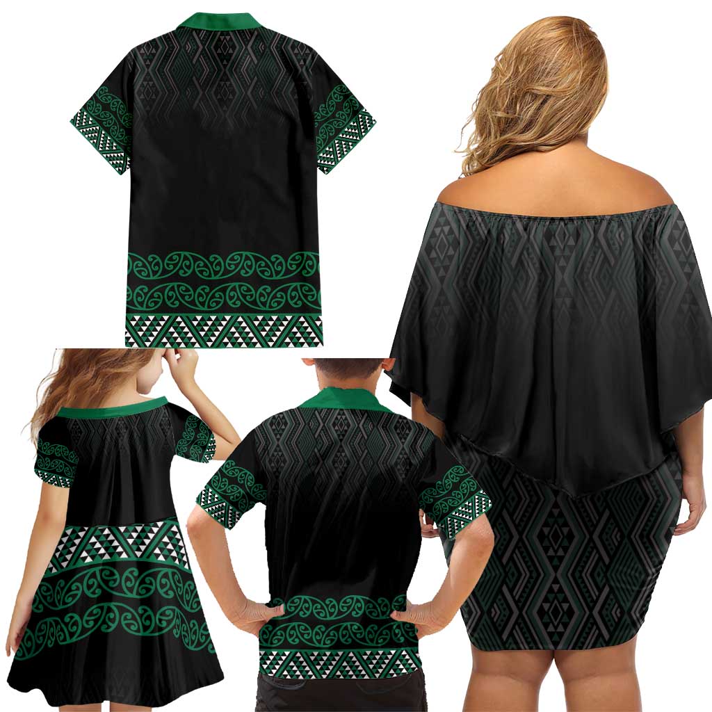 Maori Taniko Patterns Family Matching Off Shoulder Short Dress and Hawaiian Shirt Pounamu Niho Taniwha Mix Paatiki Motifs