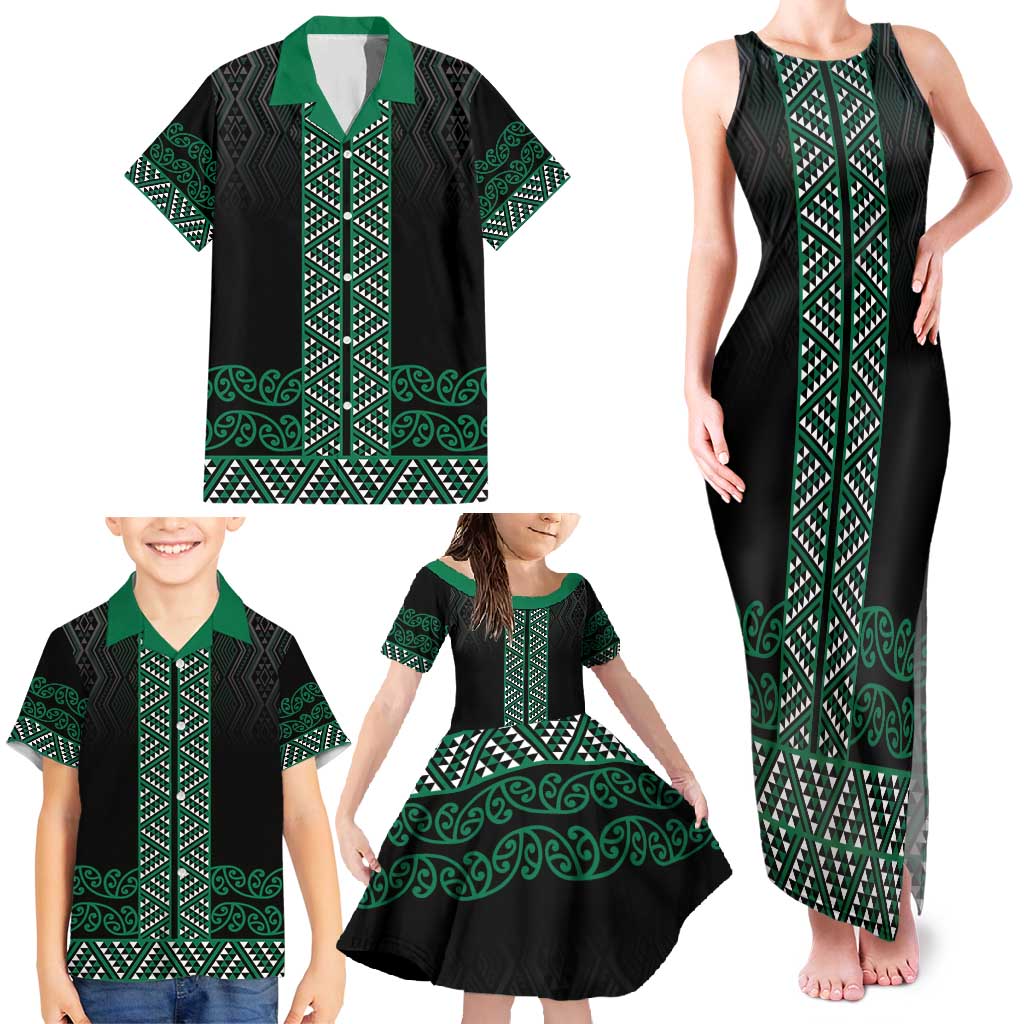 Maori Taniko Patterns Family Matching Tank Maxi Dress and Hawaiian Shirt Pounamu Niho Taniwha Mix Paatiki Motifs