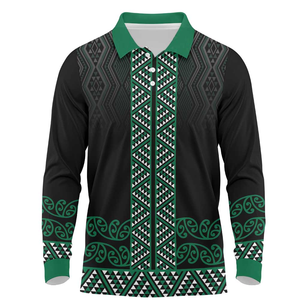 Maori Taniko Patterns Long Sleeve Polo Shirt Pounamu Niho Taniwha Mix Paatiki Motifs LT7 Green - Polynesian Pride