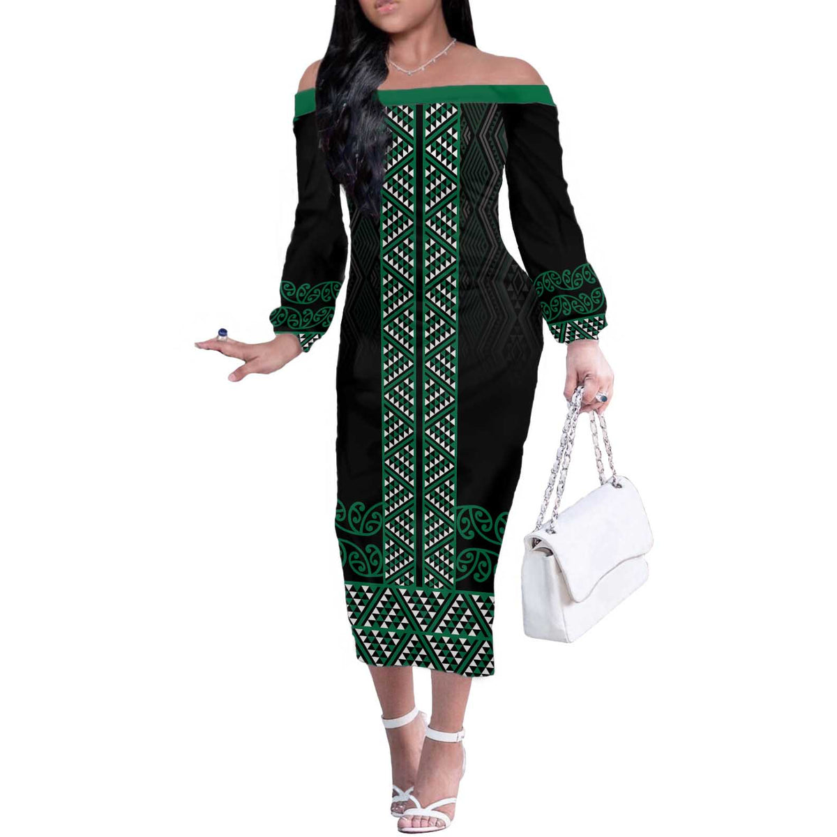 Maori Taniko Patterns Off The Shoulder Long Sleeve Dress Pounamu Niho Taniwha Mix Paatiki Motifs