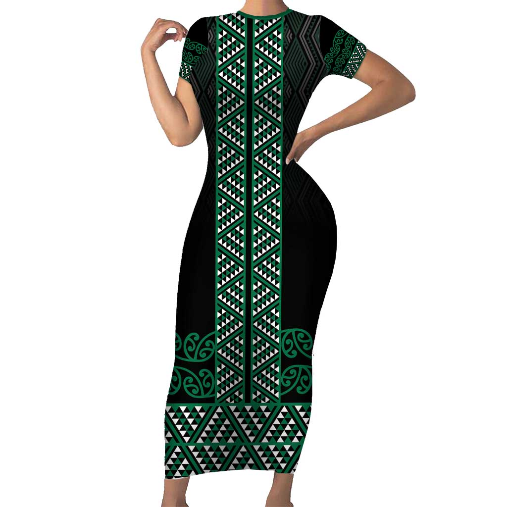 Maori Taniko Patterns Short Sleeve Bodycon Dress Pounamu Niho Taniwha Mix Paatiki Motifs