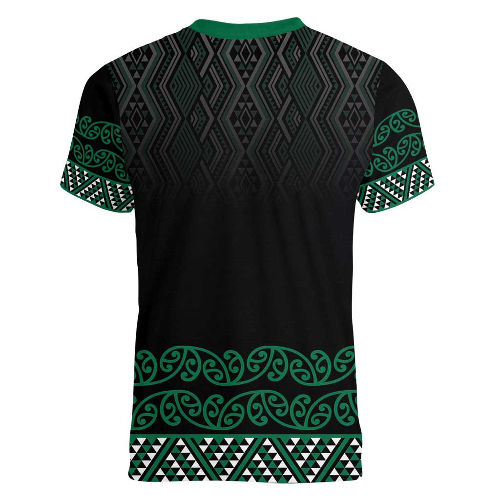 Maori Taniko Patterns Women V-Neck T-Shirt Pounamu Niho Taniwha Mix Paatiki Motifs