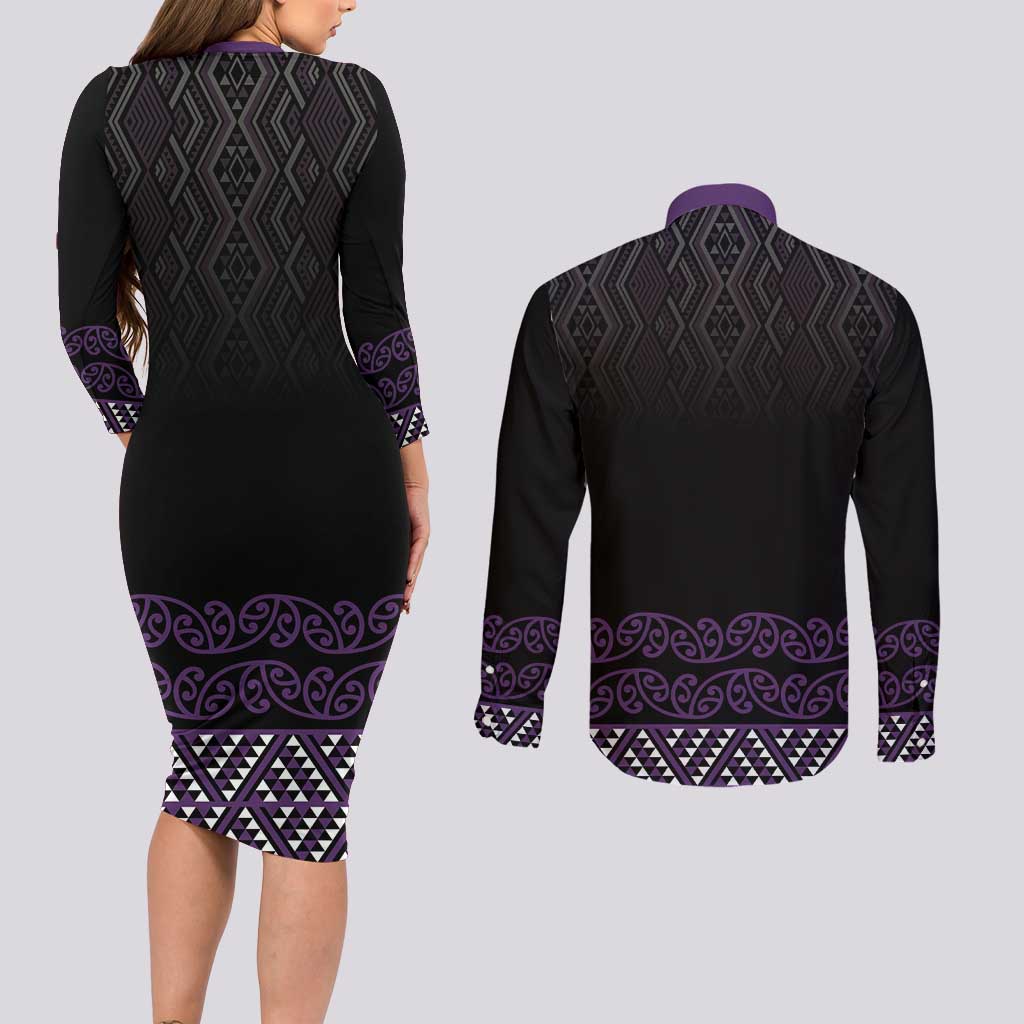 Maori Taniko Patterns Couples Matching Long Sleeve Bodycon Dress and Long Sleeve Button Shirt Purple Niho Taniwha Mix Paatiki Motifs