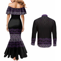 Maori Taniko Patterns Couples Matching Mermaid Dress and Long Sleeve Button Shirt Purple Niho Taniwha Mix Paatiki Motifs
