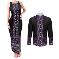 Maori Taniko Patterns Couples Matching Tank Maxi Dress and Long Sleeve Button Shirt Purple Niho Taniwha Mix Paatiki Motifs