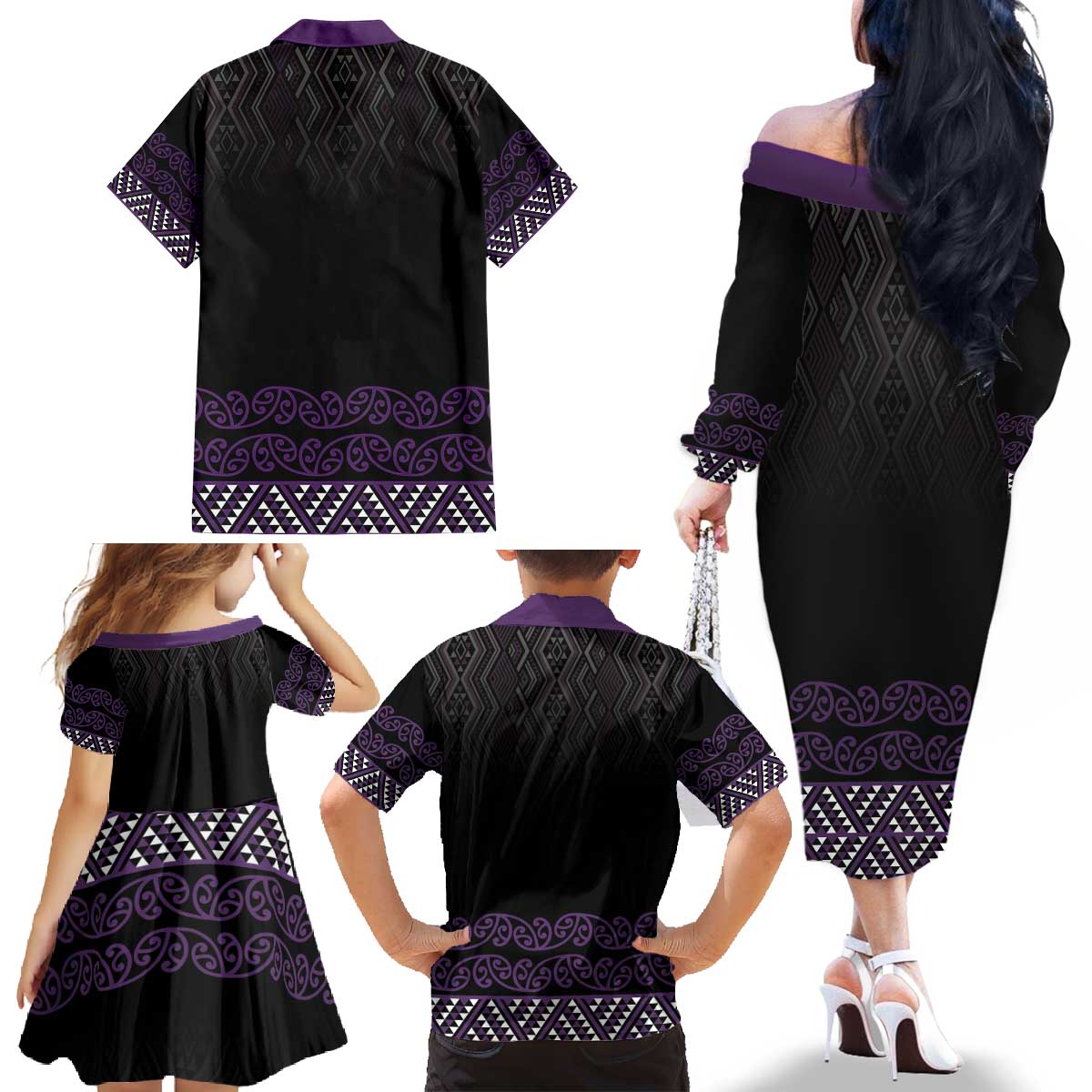 Maori Taniko Patterns Family Matching Off The Shoulder Long Sleeve Dress and Hawaiian Shirt Purple Niho Taniwha Mix Paatiki Motifs