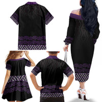 Maori Taniko Patterns Family Matching Off The Shoulder Long Sleeve Dress and Hawaiian Shirt Purple Niho Taniwha Mix Paatiki Motifs
