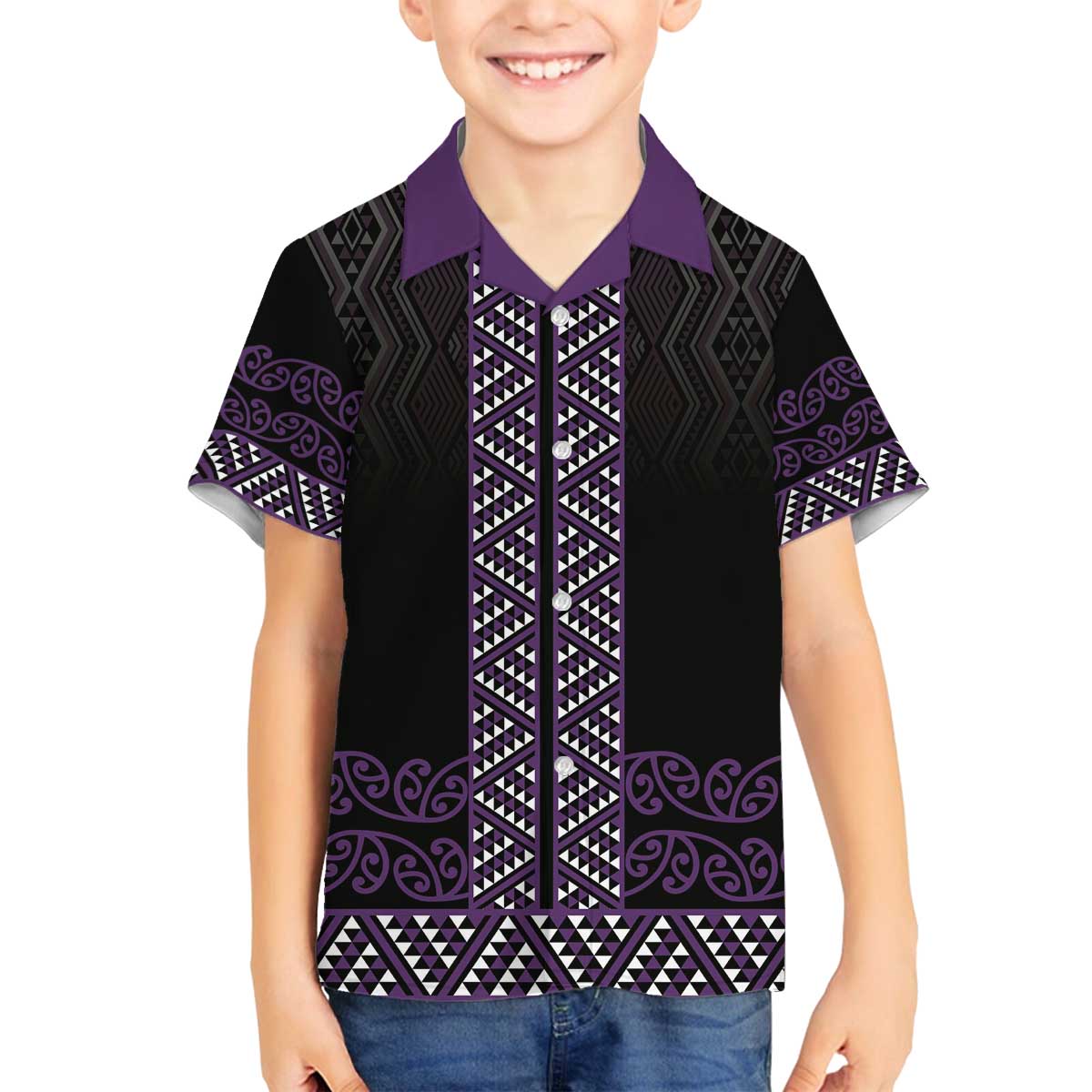 Maori Taniko Patterns Family Matching Off The Shoulder Long Sleeve Dress and Hawaiian Shirt Purple Niho Taniwha Mix Paatiki Motifs