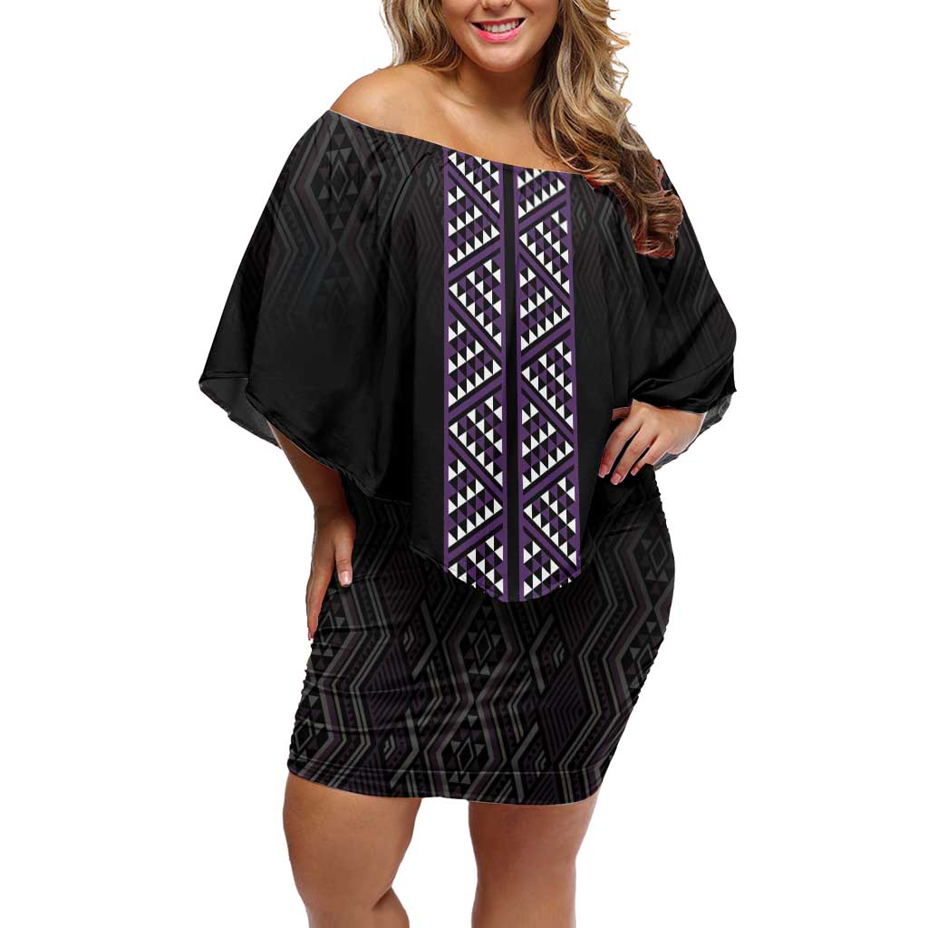 Maori Taniko Patterns Family Matching Off Shoulder Short Dress and Hawaiian Shirt Purple Niho Taniwha Mix Paatiki Motifs