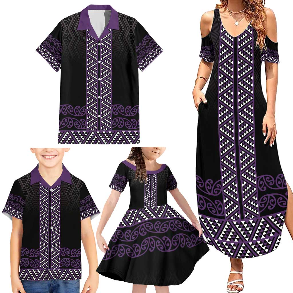 Maori Taniko Patterns Family Matching Summer Maxi Dress and Hawaiian Shirt Purple Niho Taniwha Mix Paatiki Motifs