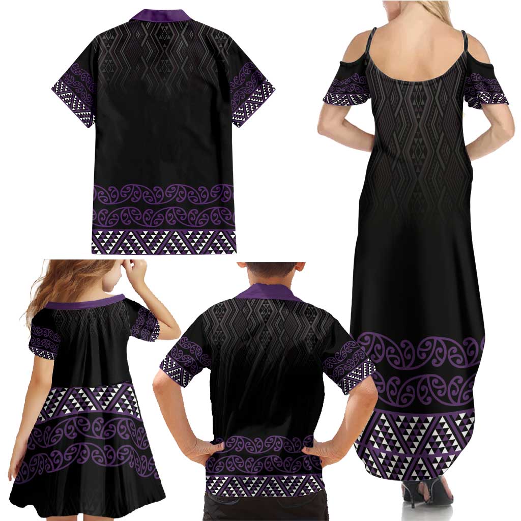 Maori Taniko Patterns Family Matching Summer Maxi Dress and Hawaiian Shirt Purple Niho Taniwha Mix Paatiki Motifs
