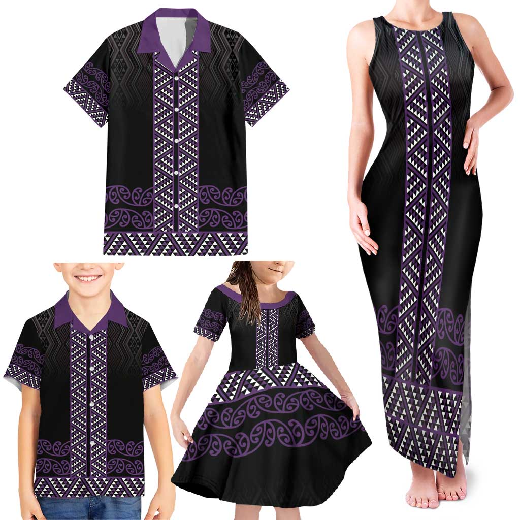 Maori Taniko Patterns Family Matching Tank Maxi Dress and Hawaiian Shirt Purple Niho Taniwha Mix Paatiki Motifs