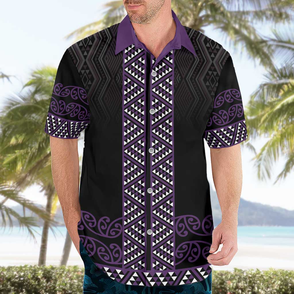Maori Taniko Patterns Hawaiian Shirt Purple Niho Taniwha Mix Paatiki Motifs