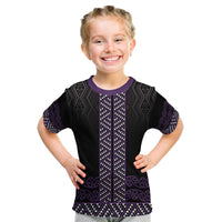 Maori Taniko Patterns Kid T Shirt Purple Niho Taniwha Mix Paatiki Motifs
