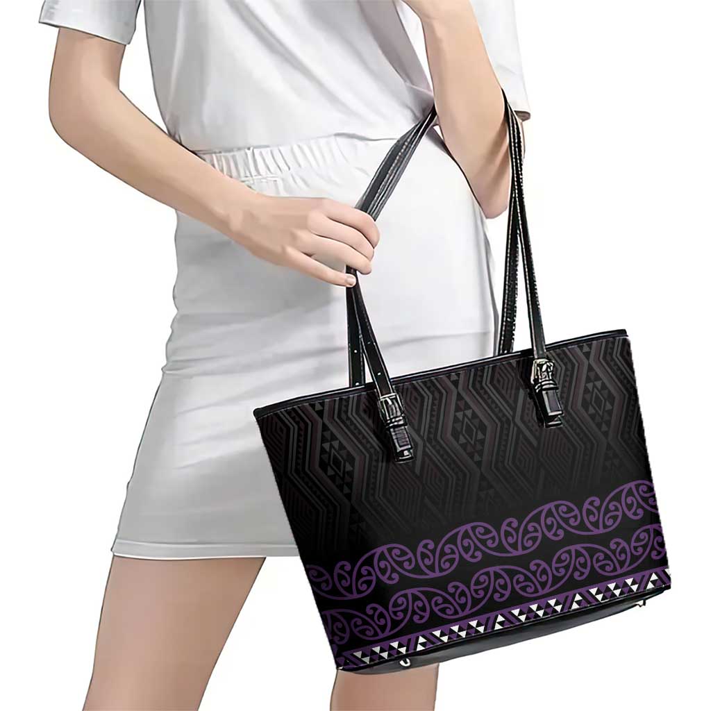 Maori Taniko Patterns Leather Tote Bag Purple Niho Taniwha Mix Paatiki Motifs