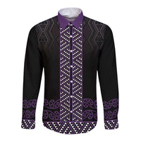 Maori Taniko Patterns Long Sleeve Button Shirt Purple Niho Taniwha Mix Paatiki Motifs