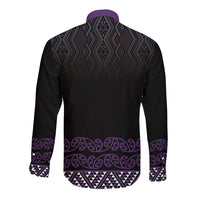 Maori Taniko Patterns Long Sleeve Button Shirt Purple Niho Taniwha Mix Paatiki Motifs