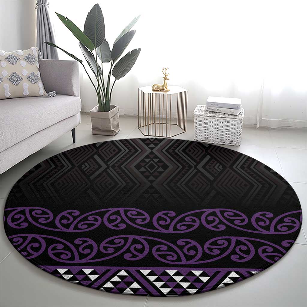 Maori Taniko Patterns Round Carpet Purple Niho Taniwha Mix Paatiki Motifs
