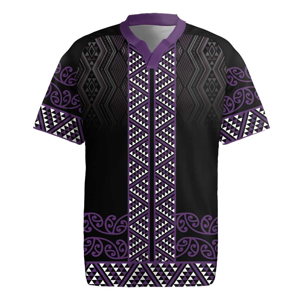 Maori Taniko Patterns Rugby Jersey Purple Niho Taniwha Mix Paatiki Motifs
