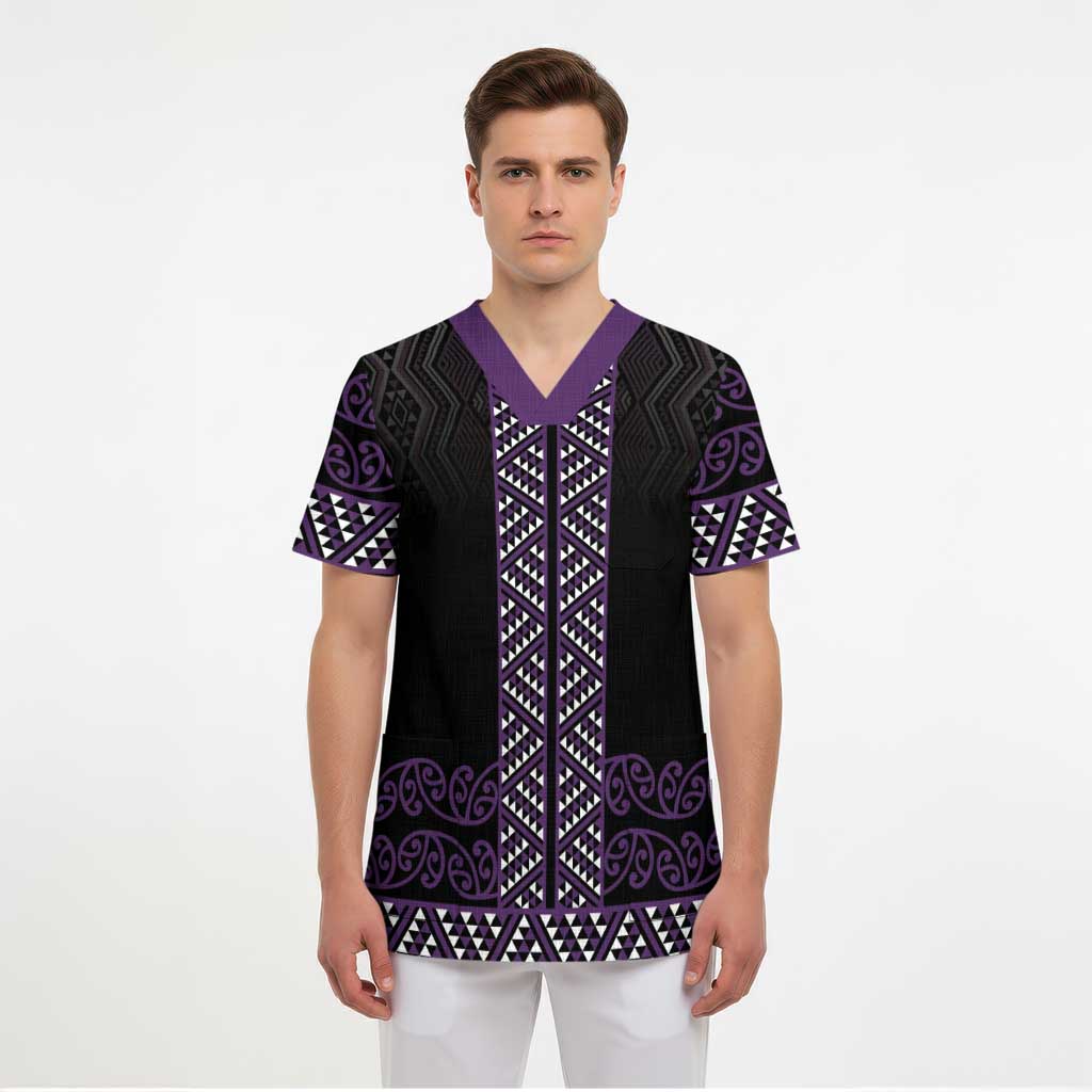 Maori Taniko Patterns Scrub Top Purple Niho Taniwha Mix Paatiki Motifs - Polynesian Pride