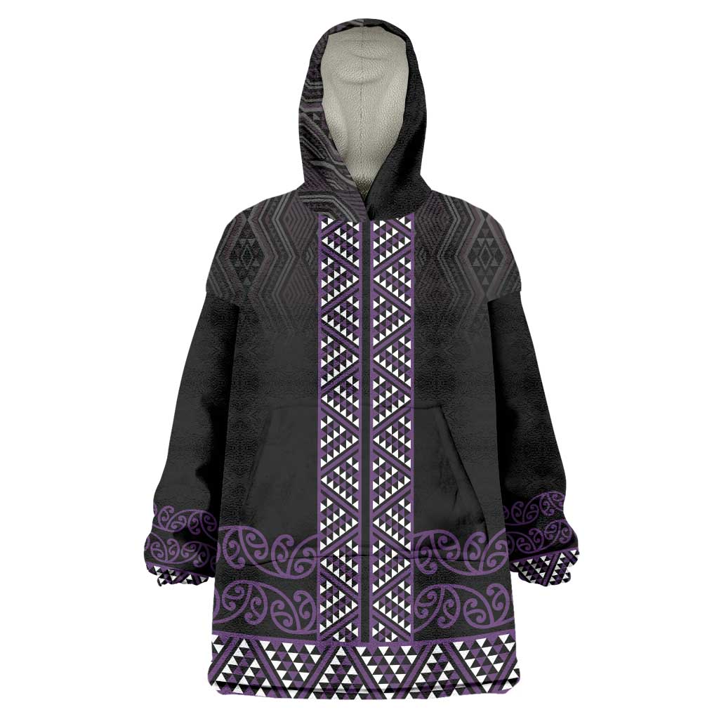 Maori Taniko Patterns Wearable Blanket Hoodie Purple Niho Taniwha Mix Paatiki Motifs