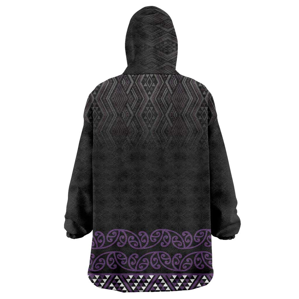 Maori Taniko Patterns Wearable Blanket Hoodie Purple Niho Taniwha Mix Paatiki Motifs