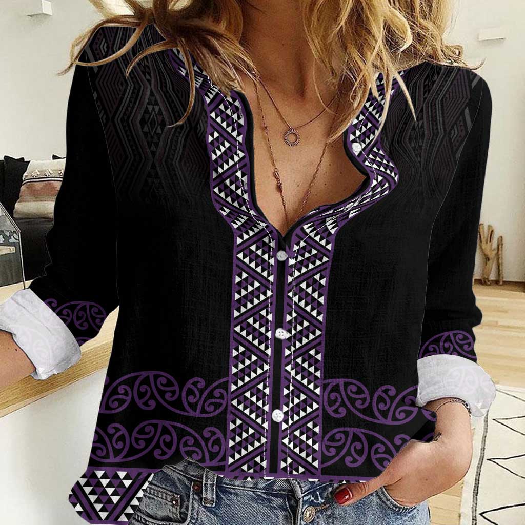 Maori Taniko Patterns Women Casual Shirt Purple Niho Taniwha Mix Paatiki Motifs