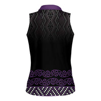 Maori Taniko Patterns Women Sleeveless Polo Shirt Purple Niho Taniwha Mix Paatiki Motifs