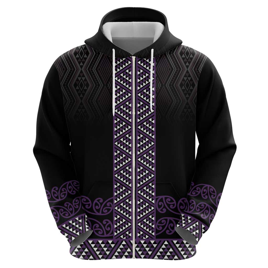 Maori Taniko Patterns Zip Hoodie Purple Niho Taniwha Mix Paatiki Motifs