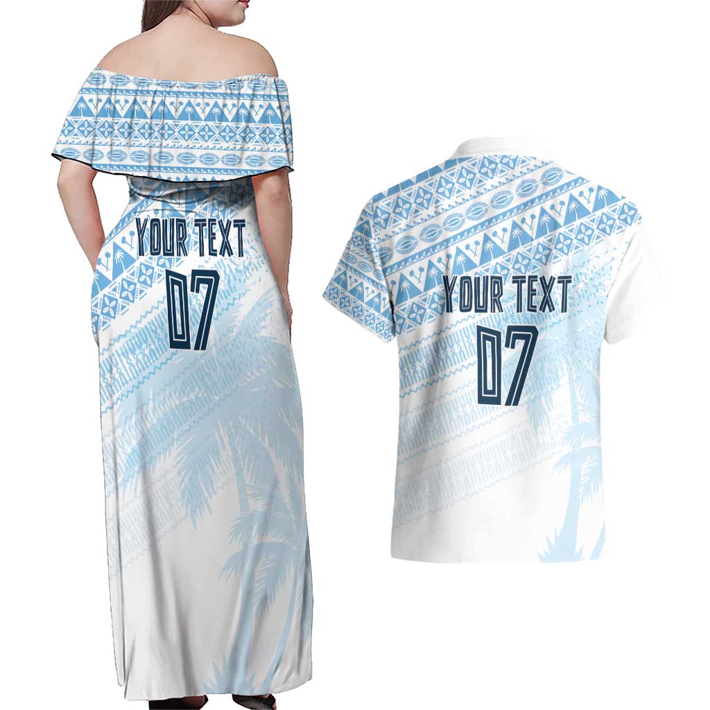 Fiji Rugby Custom Kaiviti Masi Couples Matching Off Shoulder Maxi Dress and Hawaiian Shirt Turquoise - Polynesian Pride