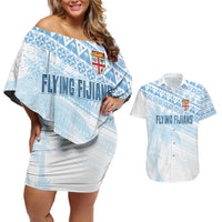 Fiji Rugby Custom Kaiviti Masi Couples Matching Off Shoulder Short Dress and Hawaiian Shirt Turquoise - Polynesian Pride