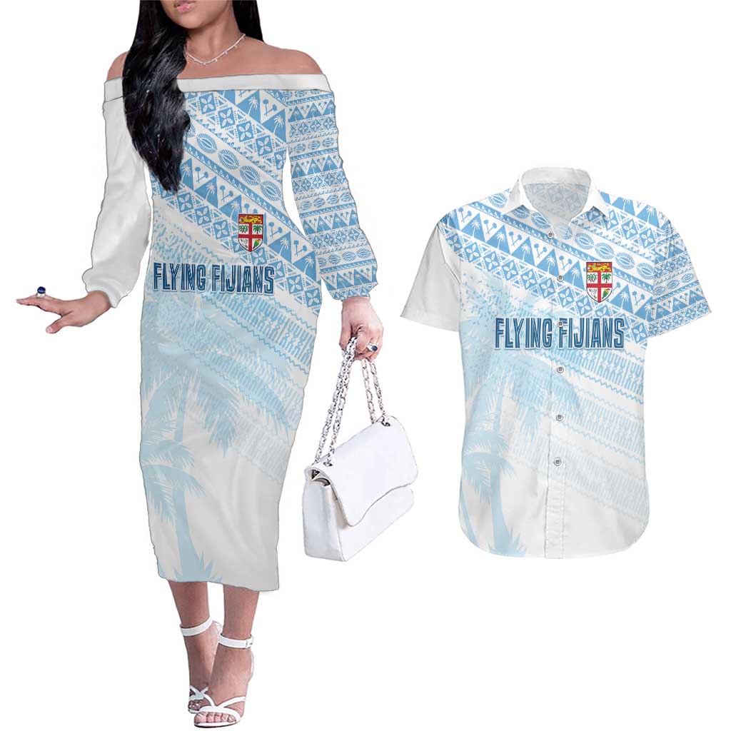 Fiji Rugby Custom Kaiviti Masi Couples Matching Off The Shoulder Long Sleeve Dress and Hawaiian Shirt Turquoise - Polynesian Pride