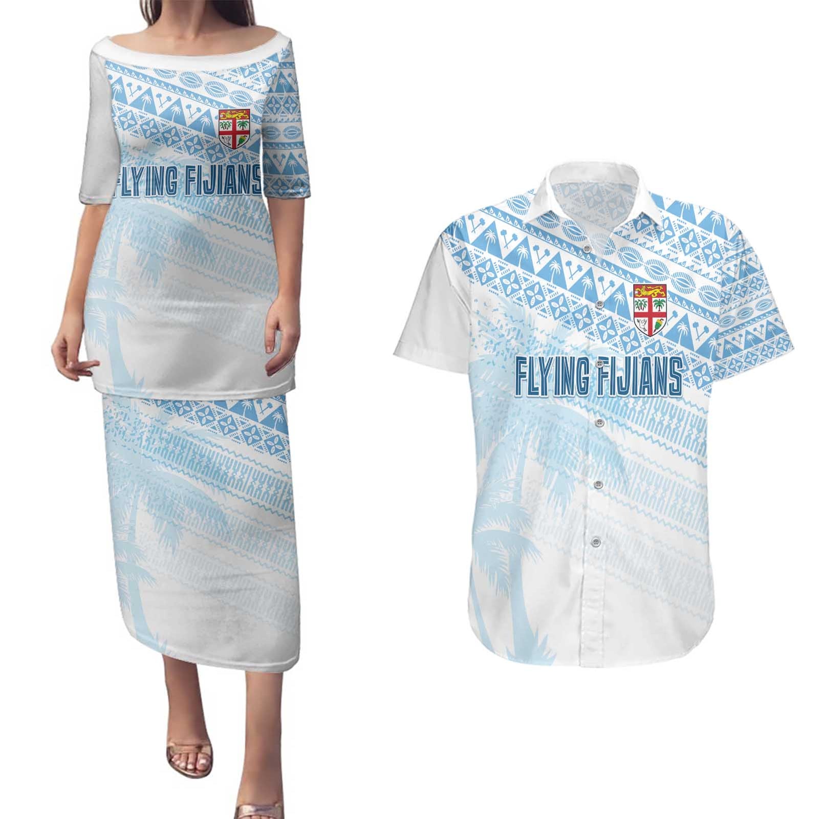 Fiji Rugby Custom Kaiviti Masi Couples Matching Puletasi and Hawaiian Shirt Turquoise - Polynesian Pride