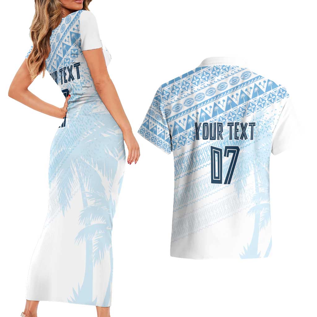 Fiji Rugby Custom Kaiviti Masi Couples Matching Short Sleeve Bodycon Dress and Hawaiian Shirt Turquoise - Polynesian Pride
