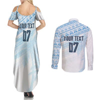 Fiji Rugby Custom Kaiviti Masi Couples Matching Summer Maxi Dress and Long Sleeve Button Shirt Turquoise - Polynesian Pride