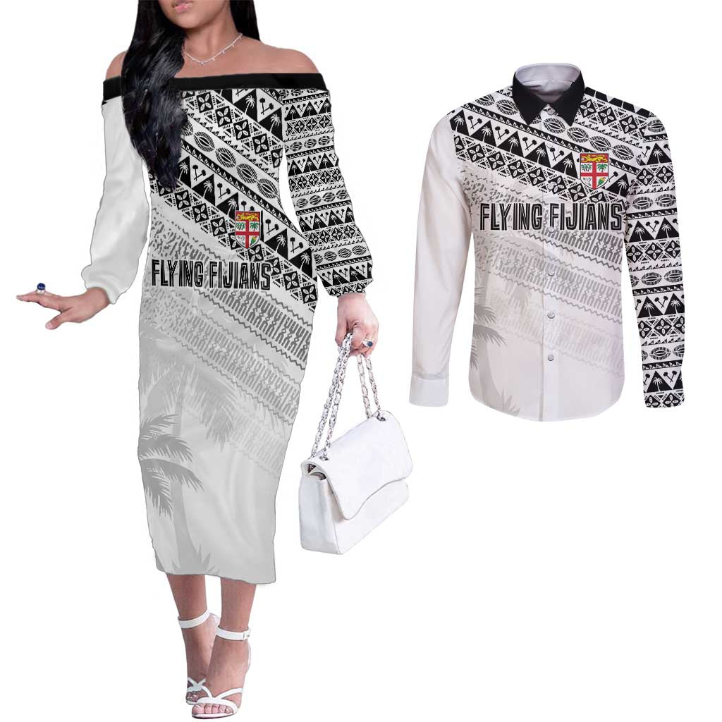 Fiji Rugby Custom Kaiviti Masi Couples Matching Off The Shoulder Long Sleeve Dress and Long Sleeve Button Shirt Black - Polynesian Pride