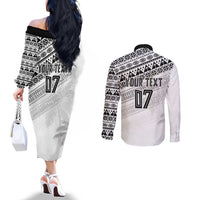 Fiji Rugby Custom Kaiviti Masi Couples Matching Off The Shoulder Long Sleeve Dress and Long Sleeve Button Shirt Black - Polynesian Pride