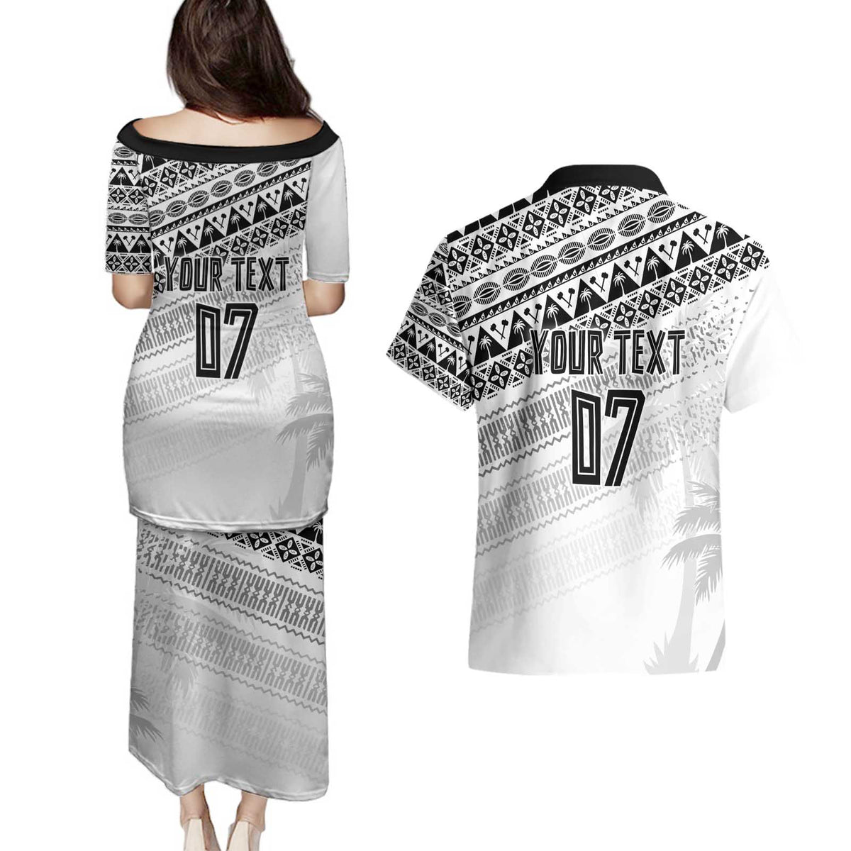 Fiji Rugby Custom Kaiviti Masi Couples Matching Puletasi and Hawaiian Shirt Black - Polynesian Pride