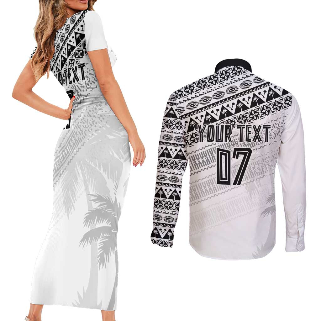 Fiji Rugby Custom Kaiviti Masi Couples Matching Short Sleeve Bodycon Dress and Long Sleeve Button Shirt Black - Polynesian Pride