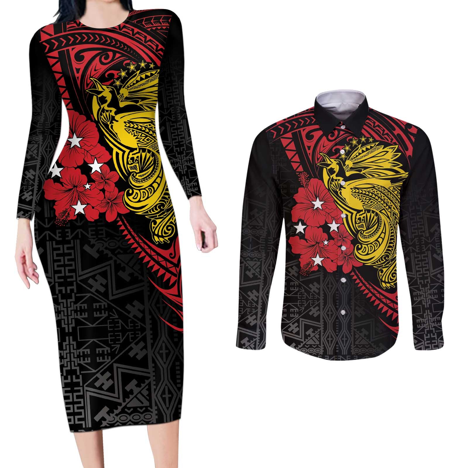 Papua New Guinea 49th Independence Day Couples Matching Long Sleeve Bodycon Dress and Long Sleeve Button Shirt Motuan Revareva Bird-of-Paradise