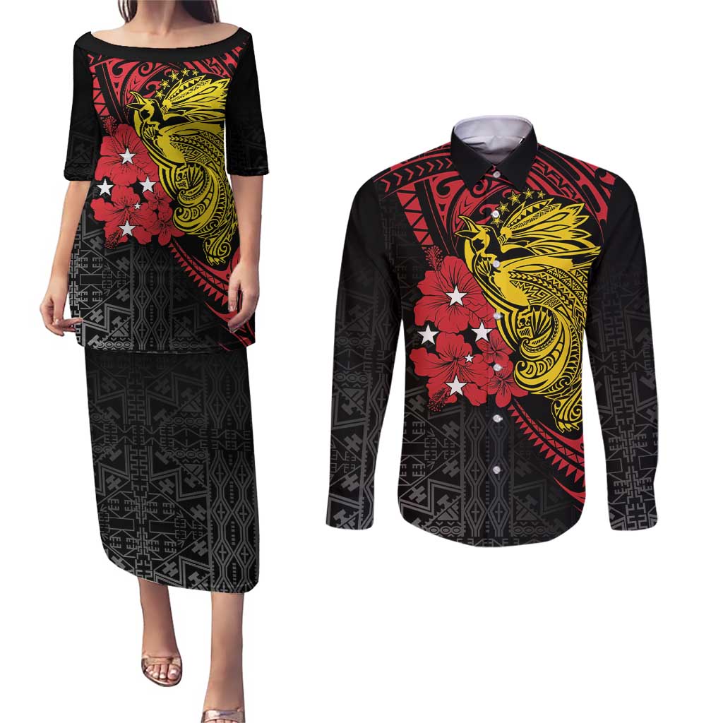 Papua New Guinea 49th Independence Day Couples Matching Puletasi and Long Sleeve Button Shirt Motuan Revareva Bird-of-Paradise
