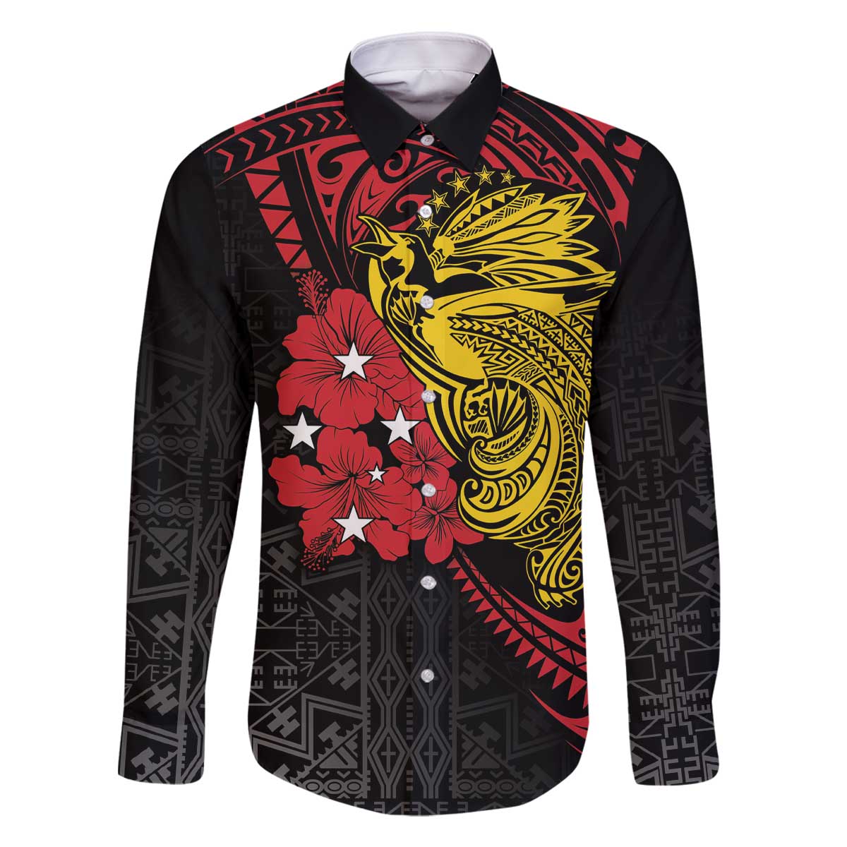 Papua New Guinea 49th Independence Day Family Matching Off The Shoulder Long Sleeve Dress and Hawaiian Shirt Motuan Revareva Bird-of-Paradise LT7 Dad's Shirt - Long Sleeve Black - Polynesian Pride