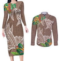 Polynesia Couples Matching Long Sleeve Bodycon Dress and Long Sleeve Button Shirt Sharks Duo Tropical Brown