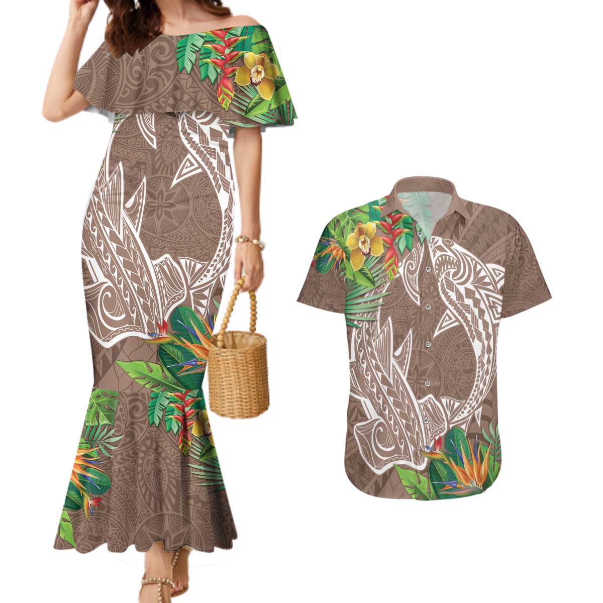 Polynesia Couples Matching Mermaid Dress and Hawaiian Shirt Sharks Duo Tropical Brown LT7 Brown - Polynesian Pride