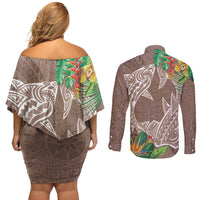 Polynesia Couples Matching Off Shoulder Short Dress and Long Sleeve Button Shirt Sharks Duo Tropical Brown