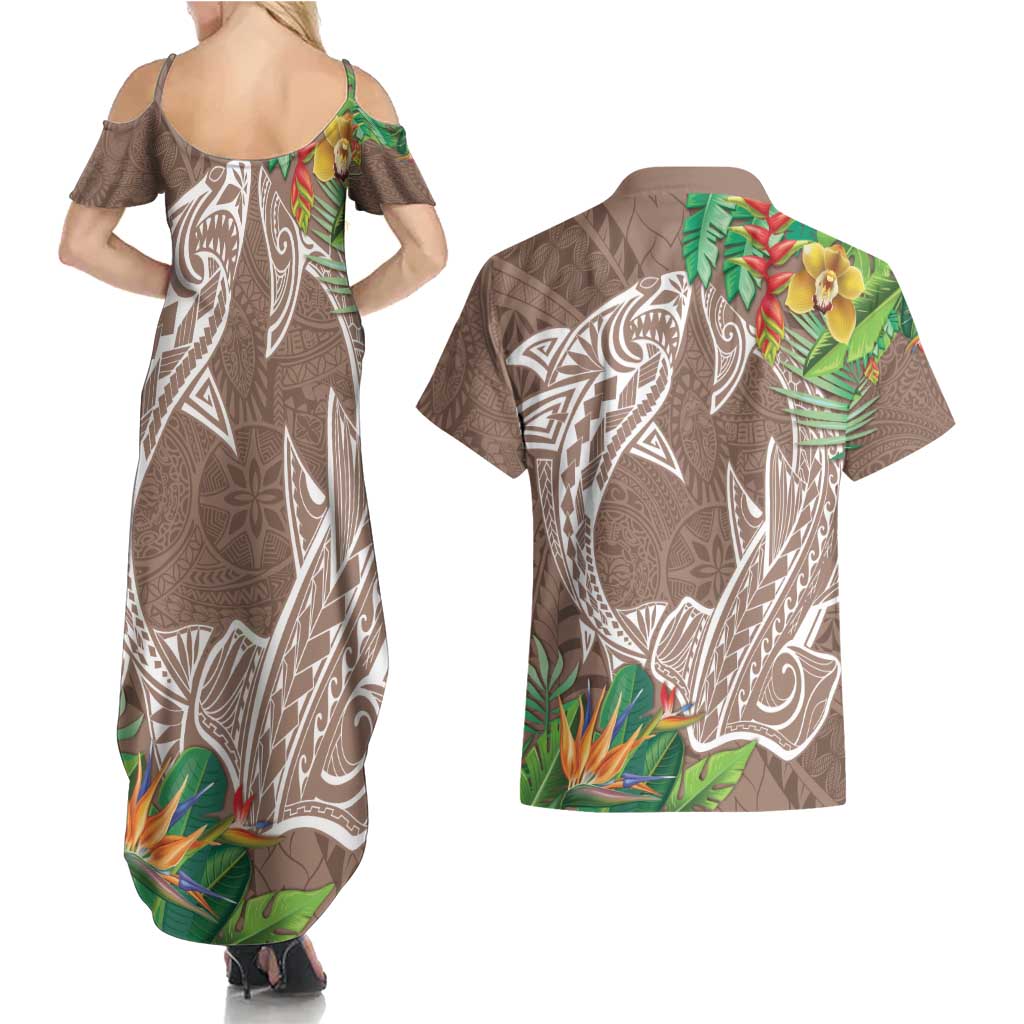Polynesia Couples Matching Summer Maxi Dress and Hawaiian Shirt Sharks Duo Tropical Brown