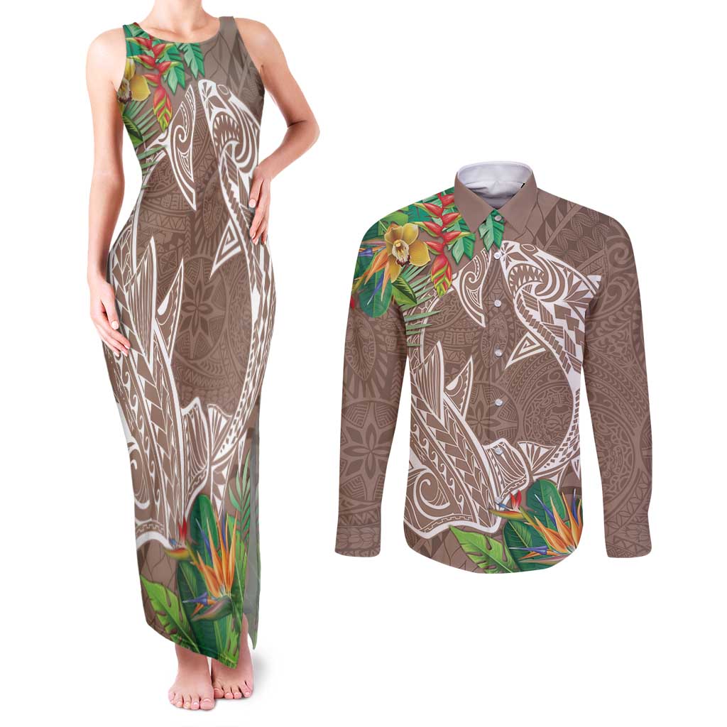 Polynesia Couples Matching Tank Maxi Dress and Long Sleeve Button Shirt Sharks Duo Tropical Brown LT7 Brown - Polynesian Pride