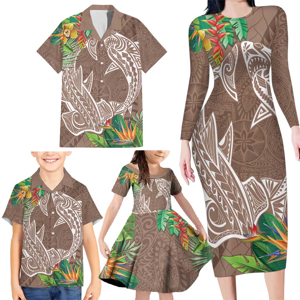 Polynesia Family Matching Long Sleeve Bodycon Dress and Hawaiian Shirt Sharks Duo Tropical Brown LT7 - Polynesian Pride